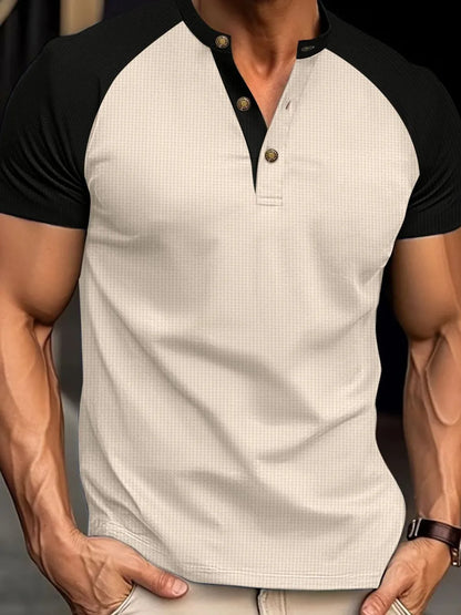 Men's Full Size Waffle-Knit Round Neck Contrast Polo Plus Size - Premium Men's Polo shirt from Trendsi - Just $30.99! Shop now at Handbags Specialist Headquarter