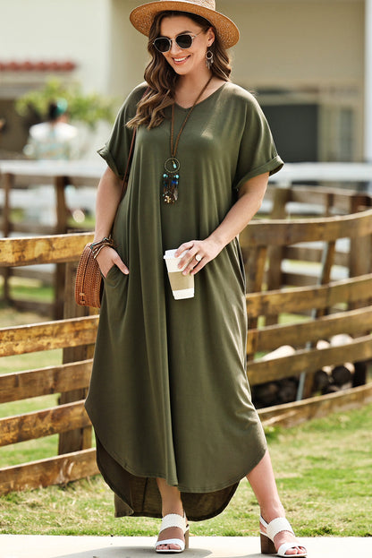 Plus Size V-Neck Short Sleeve Maxi Dress - Premium Dresses from Trendsi - Just $51.99! Shop now at Handbags Specialist Headquarter