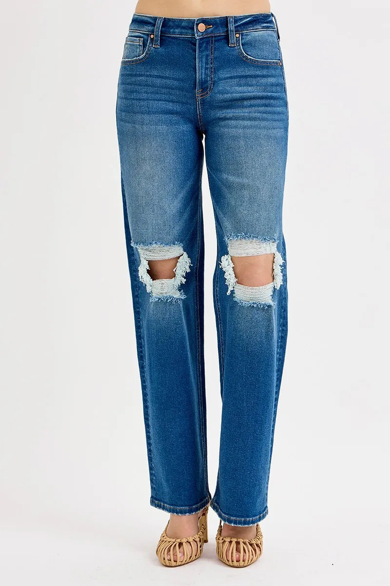 RISEN Full Size Mid Waist Fit Boyfriend Knee Distressed Jeans Plus Size - Premium Women / Jeans & Denim from Trendsi - Just $64.99! Shop now at Handbags Specialist Headquarter