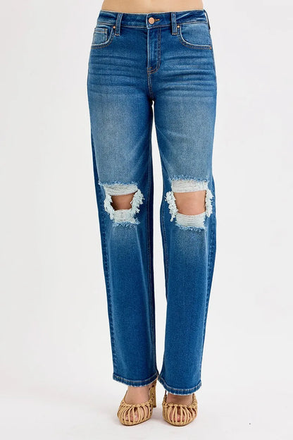 RISEN Full Size Mid Waist Fit Boyfriend Knee Distressed Jeans Plus Size - Premium Women / Jeans & Denim from Trendsi - Just $64.99! Shop now at Handbags Specialist Headquarter