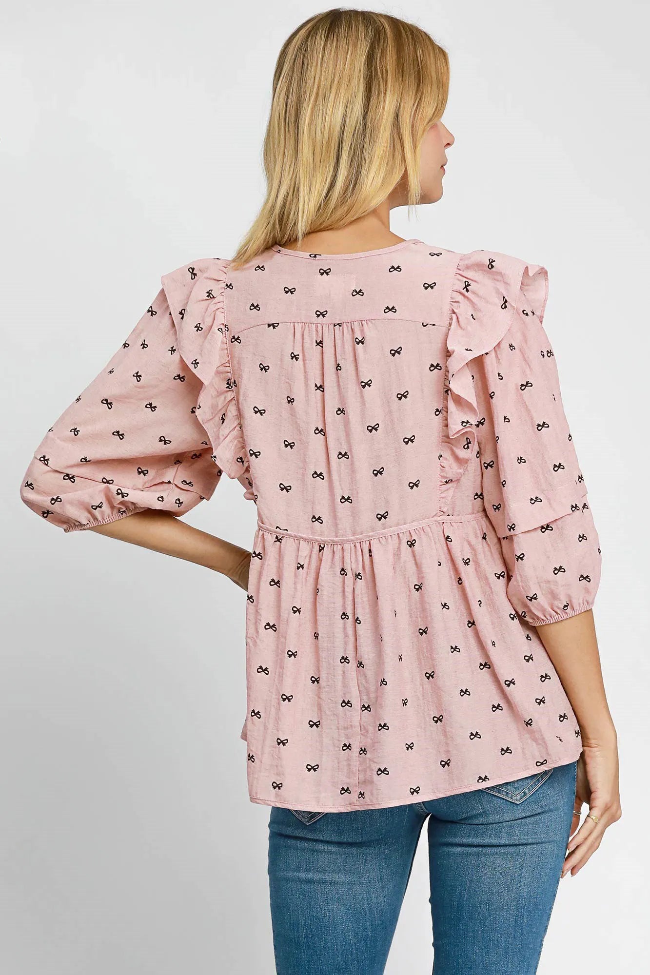 Umgee Full Size Ruffled Bow Print Tie Neck Peplum Blouse Plus Size - Premium Dresses from Trendsi - Just $46.99! Shop now at Handbags Specialist Headquarter