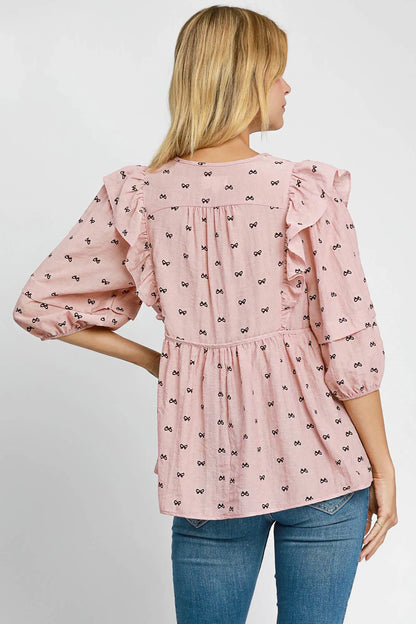 Umgee Full Size Ruffled Bow Print Tie Neck Peplum Blouse Plus Size - Premium Dresses from Trendsi - Just $46.99! Shop now at Handbags Specialist Headquarter