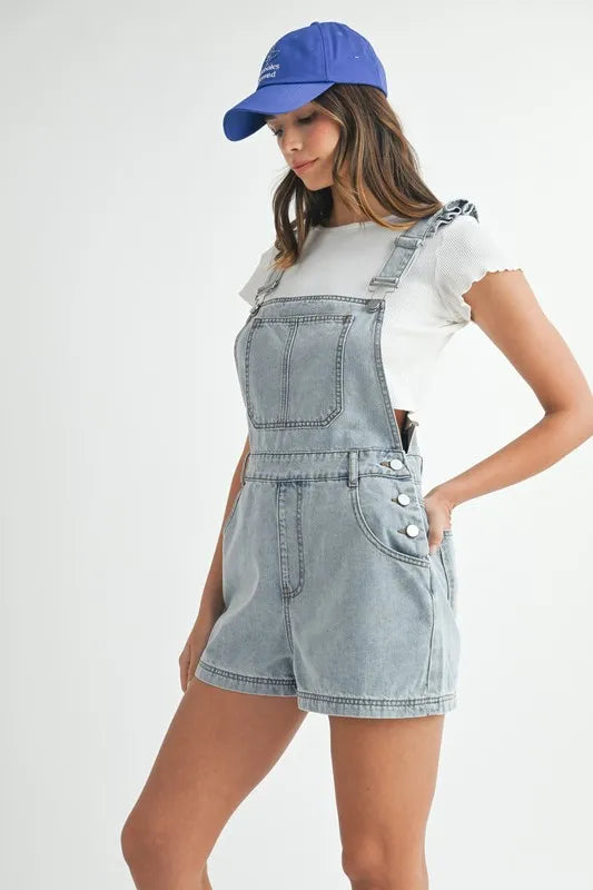 MABLE Square Neck Ruffle Shoulder Denim Overall Romper - Premium Women / Jeans & Denim from Trendsi - Just $67.12! Shop now at Handbags Specialist Headquarter