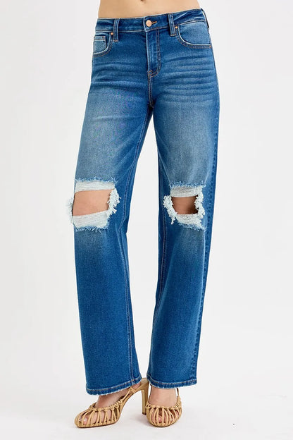 RISEN Full Size Mid Waist Fit Boyfriend Knee Distressed Jeans Plus Size - Premium Women / Jeans & Denim from Trendsi - Just $64.99! Shop now at Handbags Specialist Headquarter