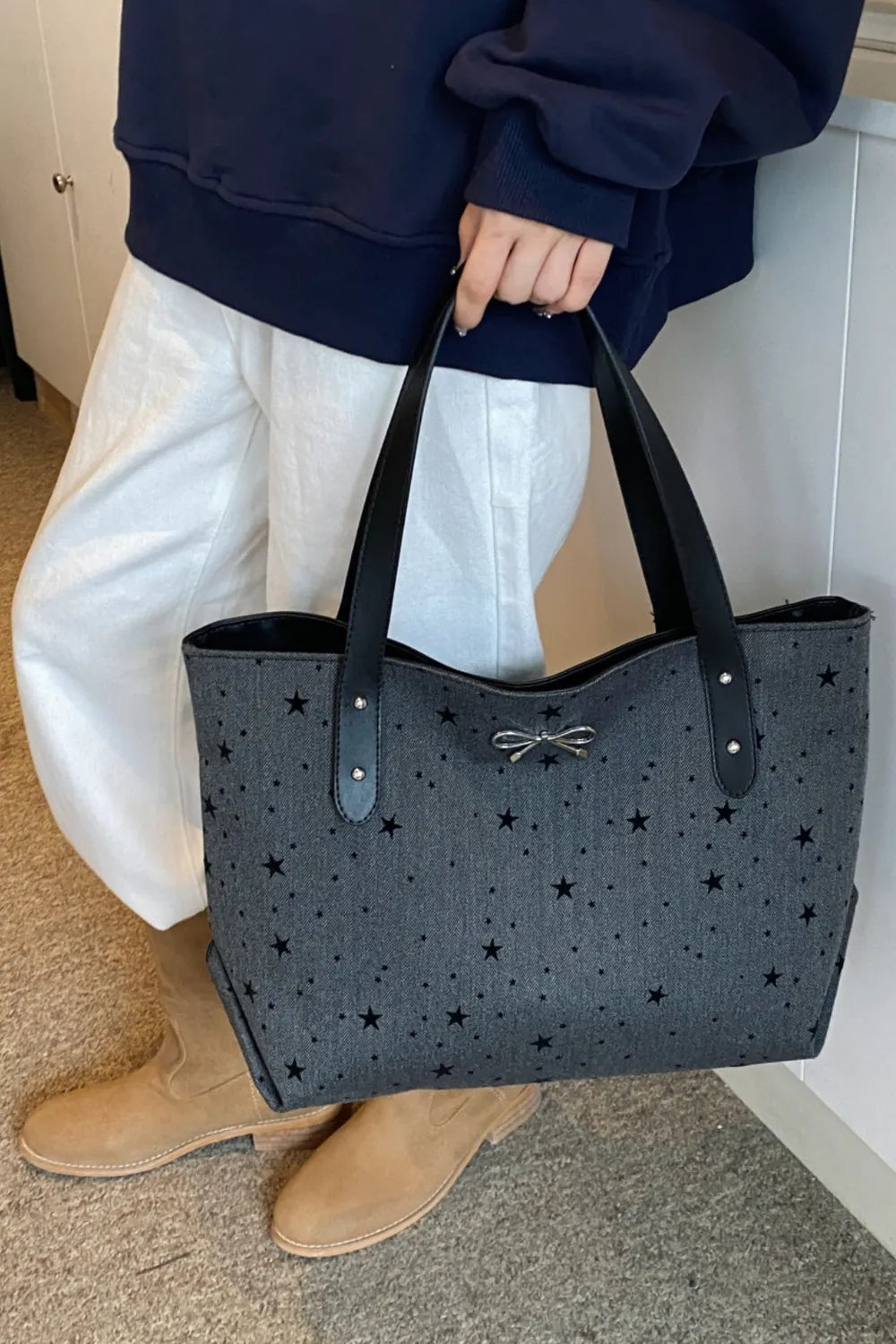 Polyester Bow Polka Dot Tote Bag - Premium Tote Bag from Trendsi - Just $39.99! Shop now at Handbags Specialist Headquarter