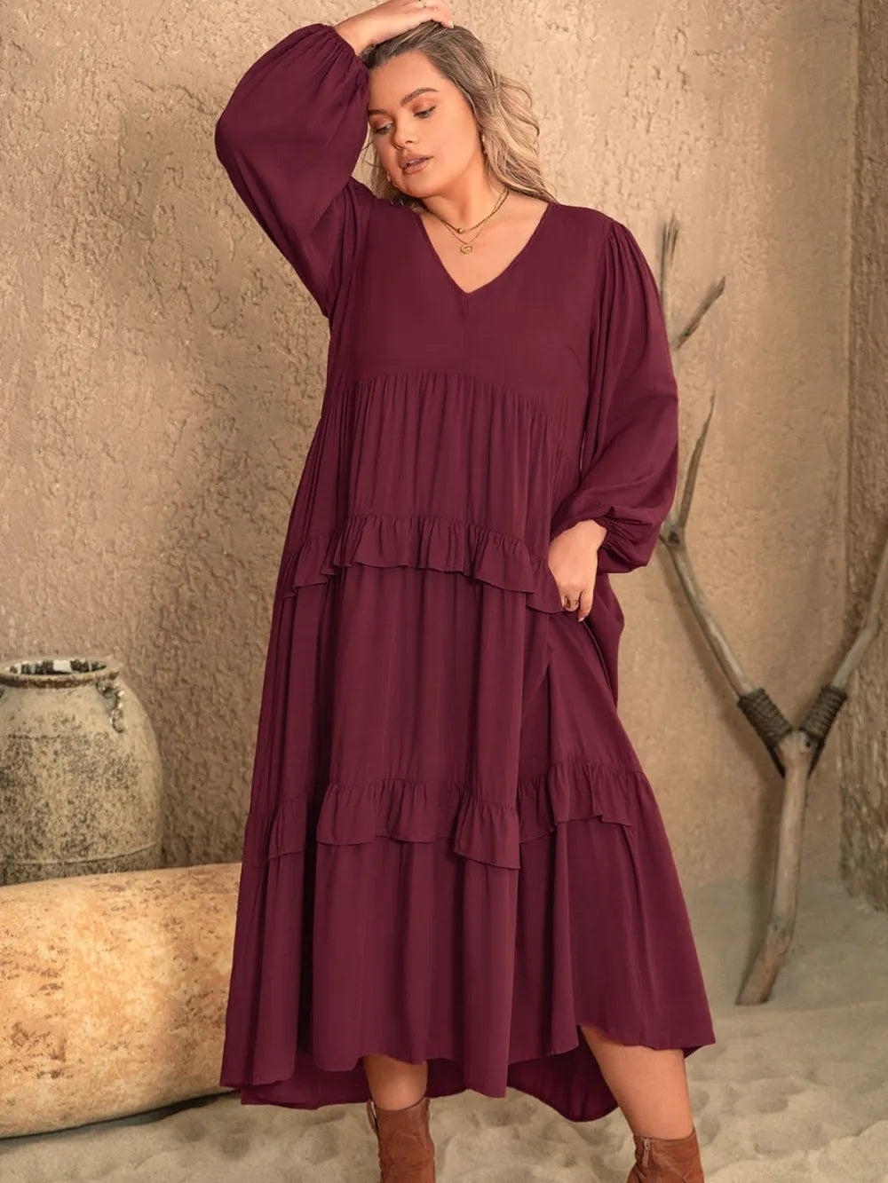 Plus Size Ruffled V-Neck Long Sleeve Dress - Premium Dresses from Trendsi - Just $46.99! Shop now at Handbags Specialist Headquarter