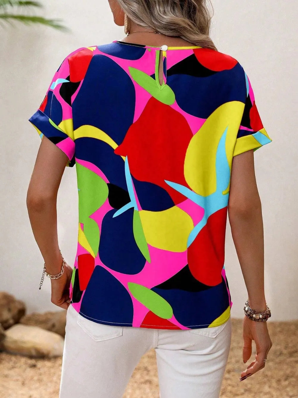 Contrast Round Neck Short Sleeve Blouse - Premium Tops from Trendsi - Just $23.06! Shop now at Handbags Specialist Headquarter