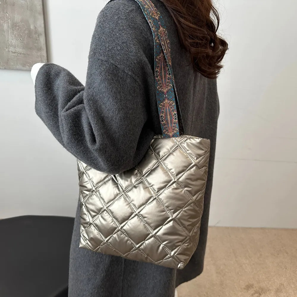 PU Leather Printed Strap Quilted Handbag - Premium Tote Bag from Trendsi - Just $27.99! Shop now at Handbags Specialist Headquarter