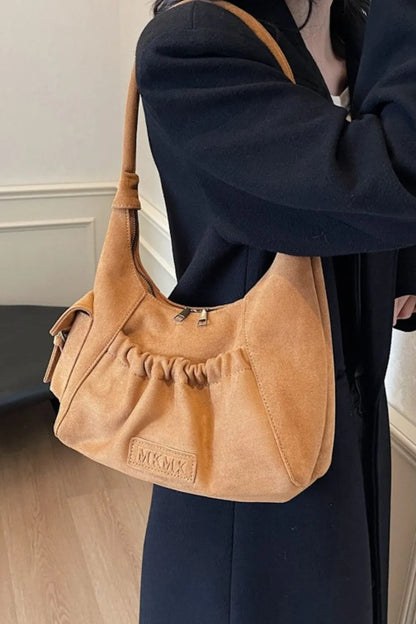 Ruched Suede Handbag with Zipper - Premium Tote Bag from Trendsi - Just $44.99! Shop now at Handbags Specialist Headquarter