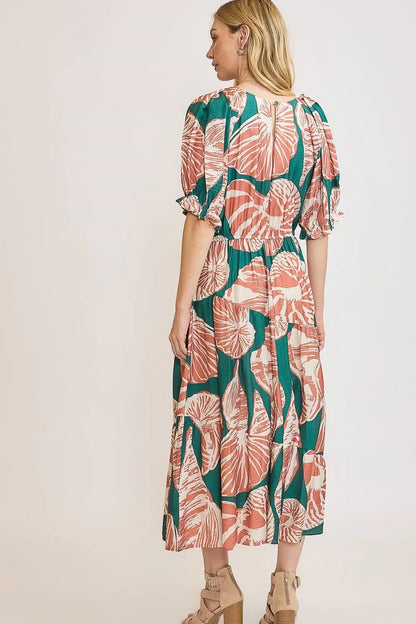 Umgee Full Size Printed Notched Puff Sleeve Midi Dress Plus Size - Premium Dresses from Trendsi - Just $64.99! Shop now at Handbags Specialist Headquarter