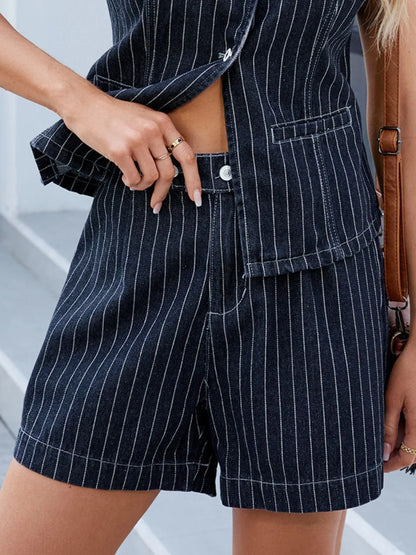 Round Neck Striped Top and Shorts Denim Set - Premium Women / Jeans & Denim from Trendsi - Just $26.36! Shop now at Handbags Specialist Headquarter