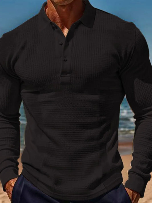 Men's Full Size Waffle-Knit Quarter Button Polo Plus Size - Premium Men's Polo shirt from Trendsi - Just $30.99! Shop now at Handbags Specialist Headquarter