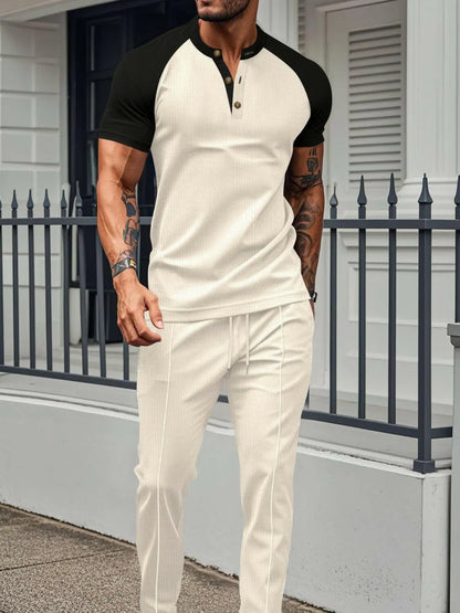 Men's Full Size Waffle-Knit Contrast Top and Drawstring Pants Set Plus Size.