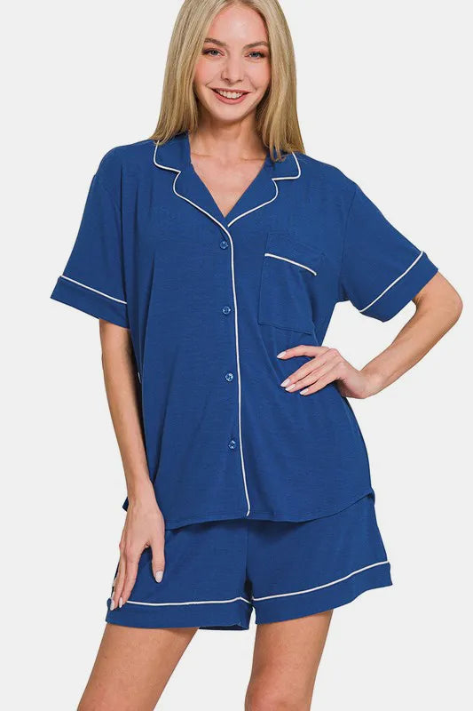 Zenana Button Down Short Sleeve Top and Shorts Lounge Set - Premium Sleepwear from Trendsi - Just $40.99! Shop now at Handbags Specialist Headquarter