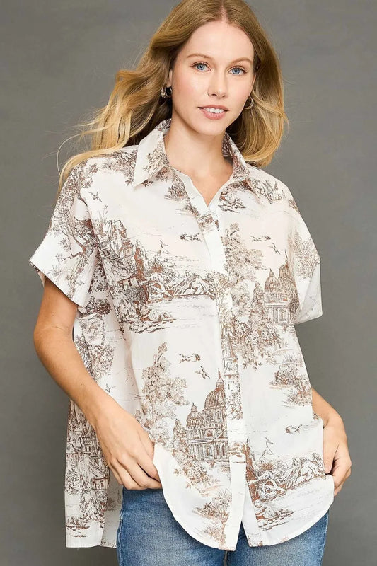 Umgee Full Size Two Tone Print Button Up Short Sleeve Shirt Plus Size - Premium Dresses from Trendsi - Just $48.99! Shop now at Handbags Specialist Headquarter