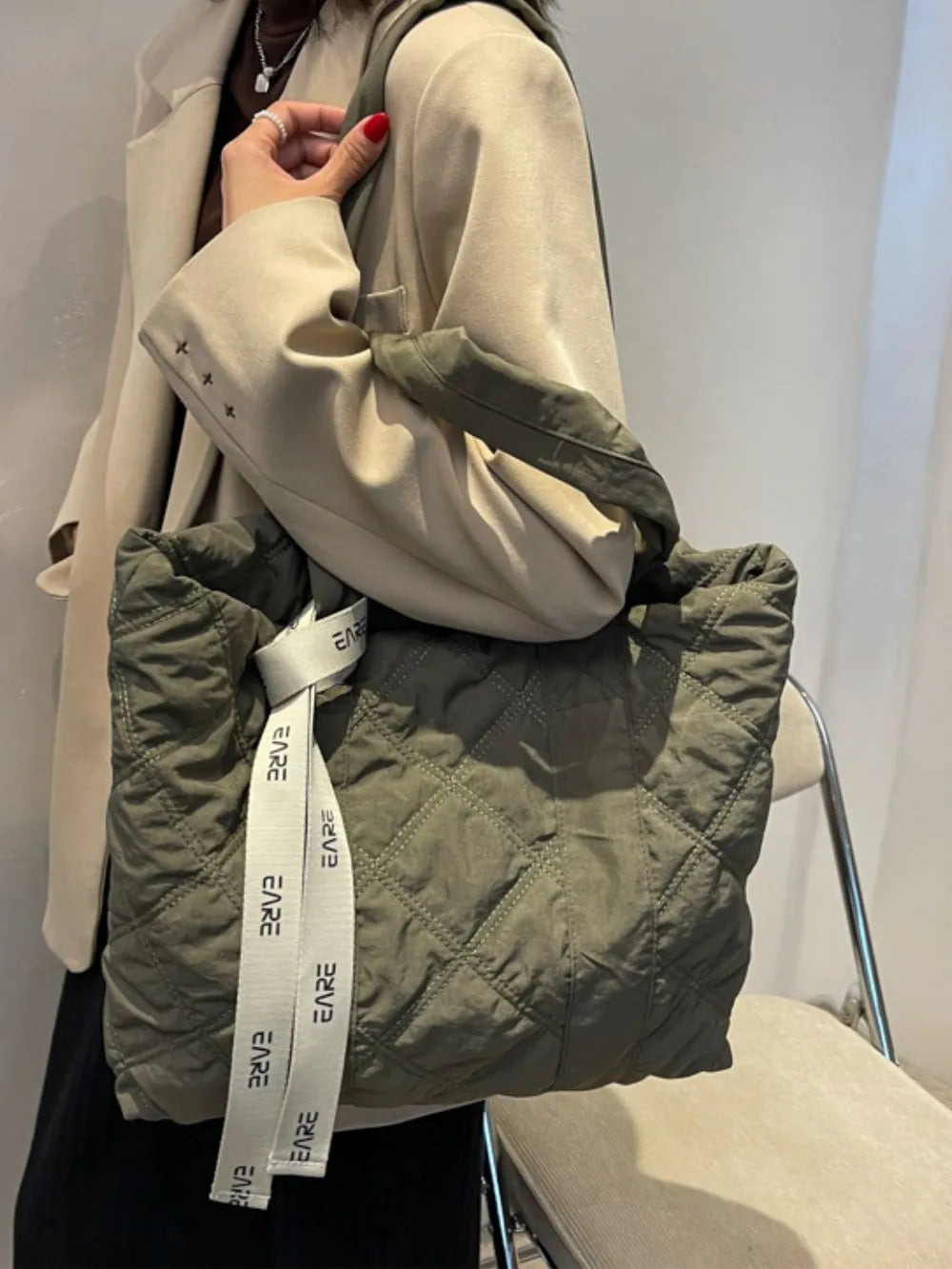 Quilted Nylon Large Tote Bag - Premium Tote Bag from Trendsi - Just $39.99! Shop now at Handbags Specialist Headquarter