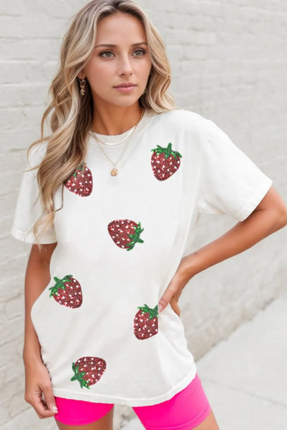 Sequin Strawberry Crew Neck Short Sleeve T Shirt - Premium Tops from Trendsi - Just $27.42! Shop now at Handbags Specialist Headquarter