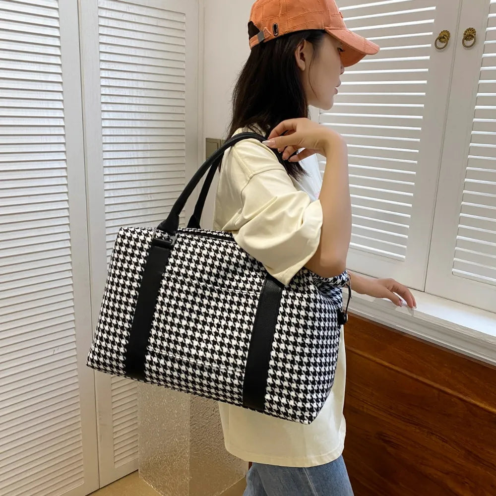 Houndstooth Canvas Travel Bag - Premium travel-bag from Trendsi - Just $44.99! Shop now at Handbags Specialist Headquarter