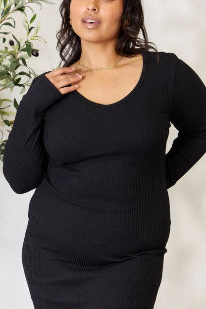 Culture Code Full Size Ribbed Long Sleeve Midi Slit Dress - Premium Dresses from Trendsi - Just $24.99! Shop now at Handbags Specialist Headquarter