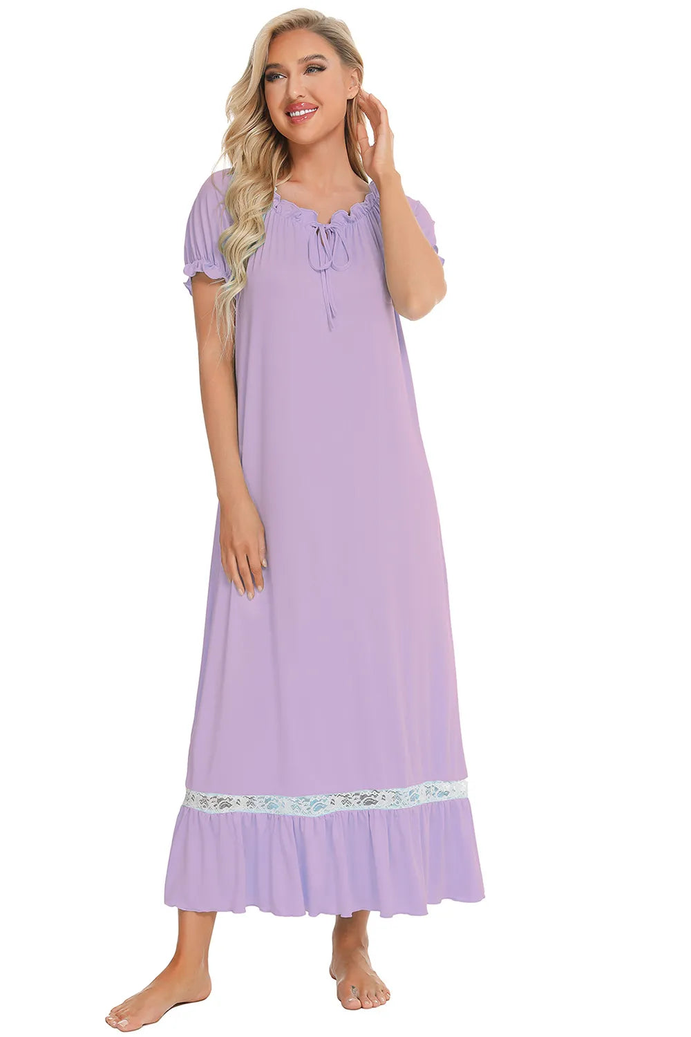 Lace Detail Short Sleeve Lounge Dress - Premium Sleepwear from Trendsi - Just $29! Shop now at Handbags Specialist Headquarter