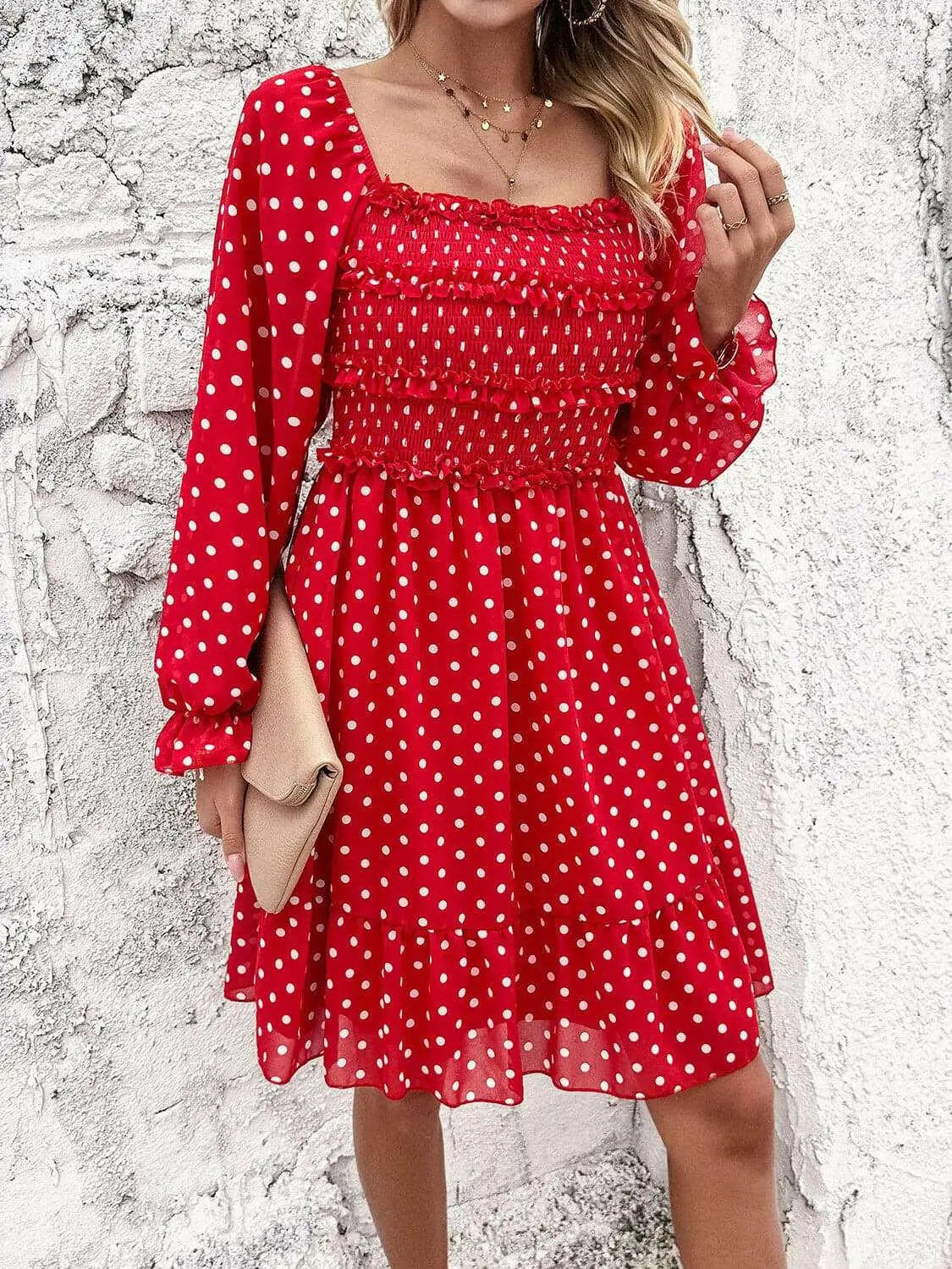 Smocked Polka Dot Long Sleeve Dress.