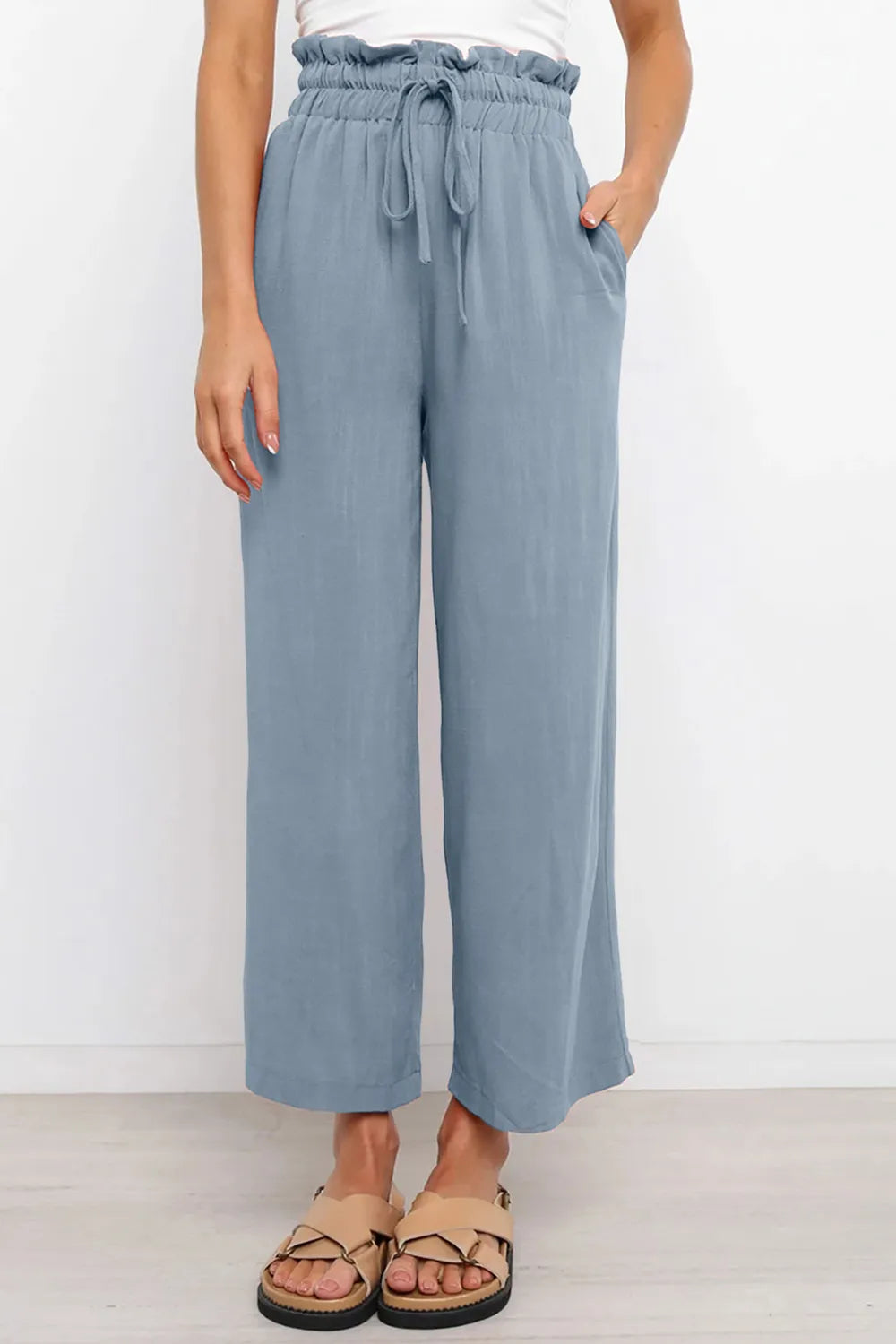 Drawstring Paperbag Waist Wide Leg Pants - Premium Women Pants from Trendsi - Just $31.99! Shop now at Handbags Specialist Headquarter