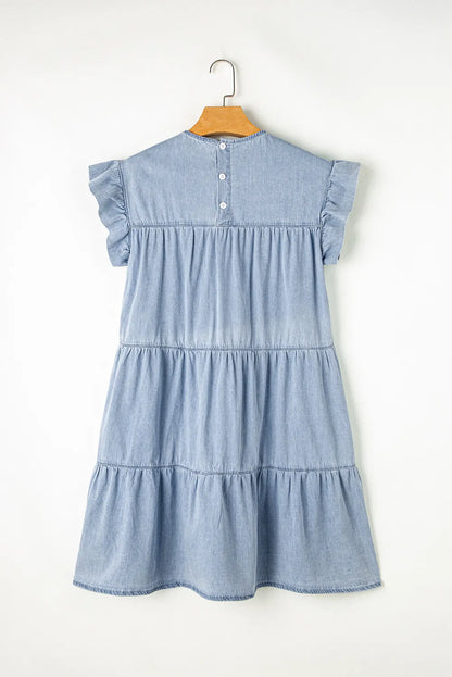 Ruffle Cap Sleeve Tiered A-line Denim Dress - Premium Women / Jeans & Denim from Trendsi - Just $49.18! Shop now at Handbags Specialist Headquarter