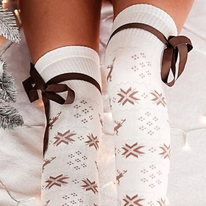 Christmas Element Bowknot Ribbed Trim Over Knee Stockings - Premium Sleepwear from Trendsi - Just $28.99! Shop now at Handbags Specialist Headquarter