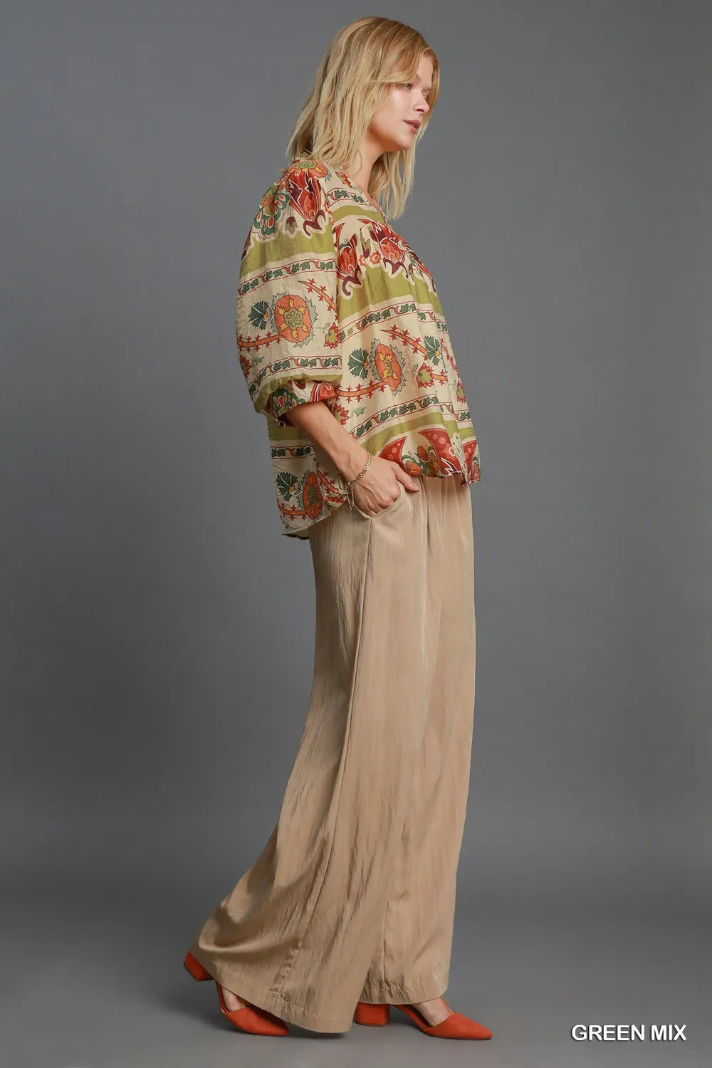 Umgee Full Size Border Print Notched 3/4 Puff Sleeve Blouse Plus Size - Premium Dresses from Trendsi - Just $46.99! Shop now at Handbags Specialist Headquarter