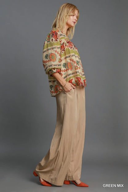 Umgee Full Size Border Print Notched 3/4 Puff Sleeve Blouse Plus Size - Premium Dresses from Trendsi - Just $46.99! Shop now at Handbags Specialist Headquarter