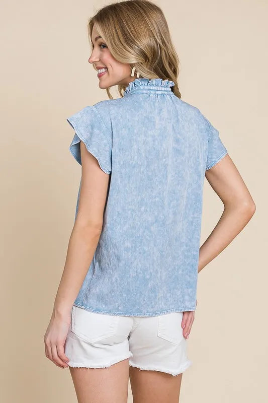 Lime 'N' Chili Mineral Wash Flutter Sleeve Button Down Shirt - Premium Women / Jeans & Denim from Trendsi - Just $40.98! Shop now at Handbags Specialist Headquarter