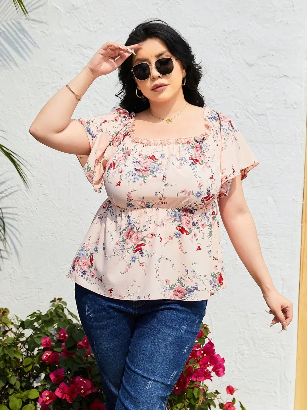 Plus Size Frill Printed Flutter Sleeve Blouse - Premium Plus Size Shirts from Trendsi - Just $21! Shop now at Handbags Specialist Headquarter