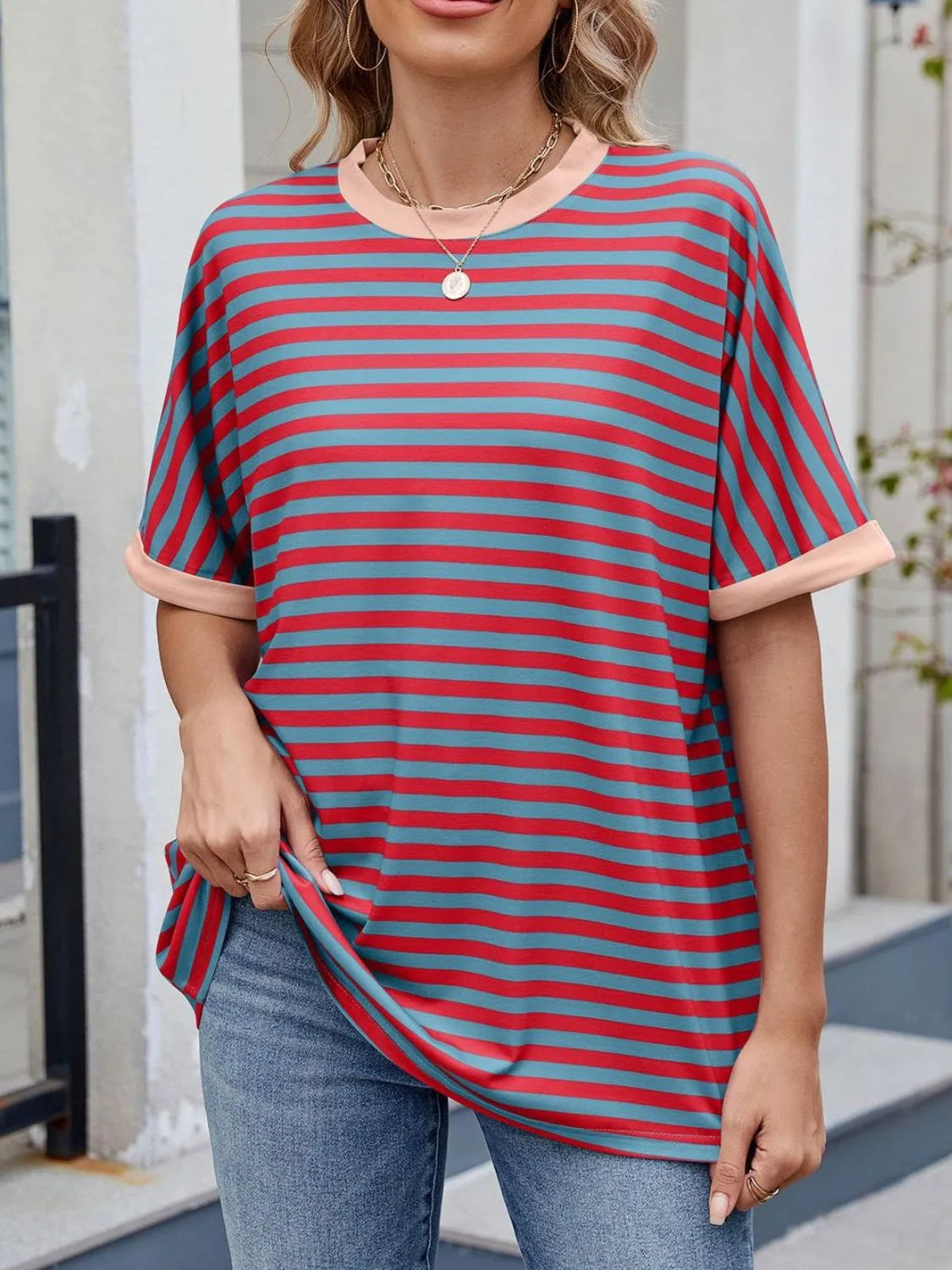 Striped Round Neck Half Sleeve T-Shirt - Premium Women / Tops from Trendsi - Just $19.34! Shop now at Handbags Specialist Headquarter
