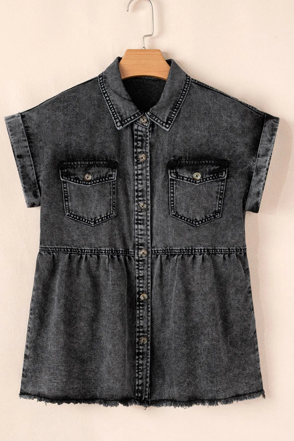 Short Sleeve Flap Pocket Button Up Raw Hem Denim Shirt - Premium Women / Jeans & Denim from Trendsi - Just $47.70! Shop now at Handbags Specialist Headquarter