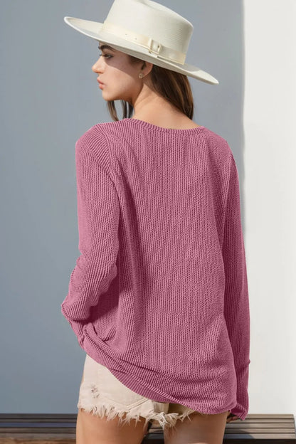 Double Take Full Size Notched Thumbhole Long Sleeve T-Shirt - Premium Tops from Trendsi - Just $25.88! Shop now at Handbags Specialist Headquarter