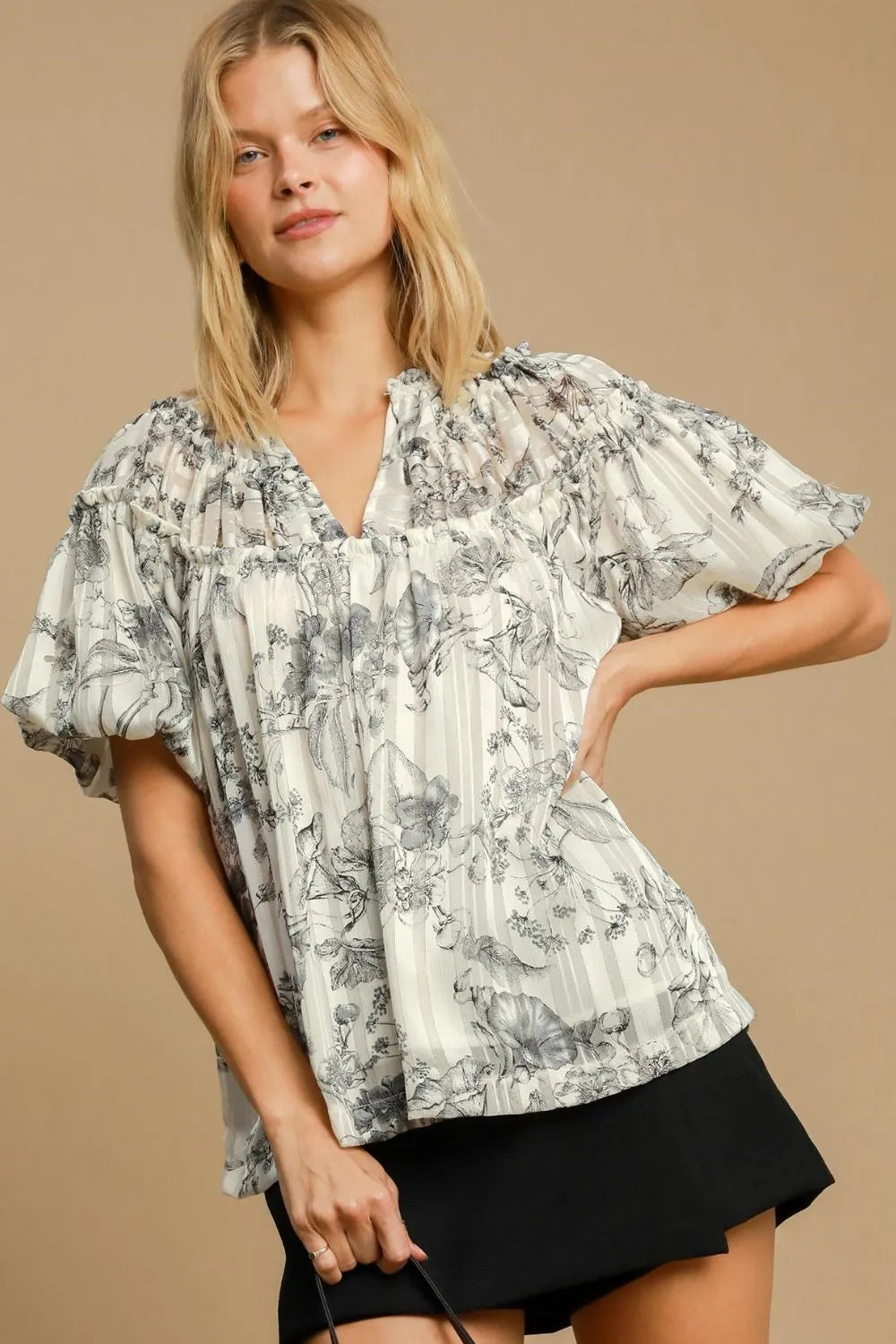 Umgee Full Size Floral Print Metallic Ruffle Blouse Plus Size - Premium Dresses from Trendsi - Just $48.99! Shop now at Handbags Specialist Headquarter