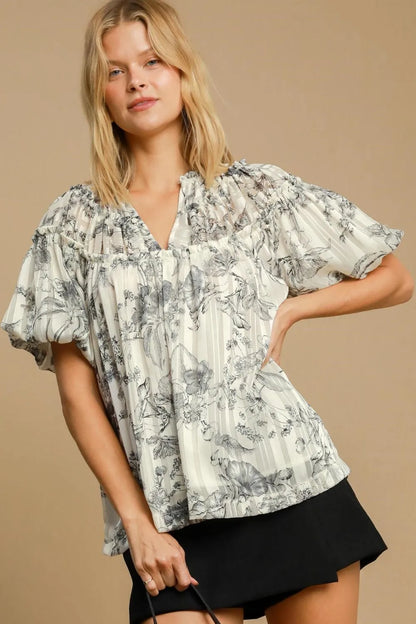 Umgee Full Size Floral Print Metallic Ruffle Blouse Plus Size - Premium Dresses from Trendsi - Just $48.99! Shop now at Handbags Specialist Headquarter