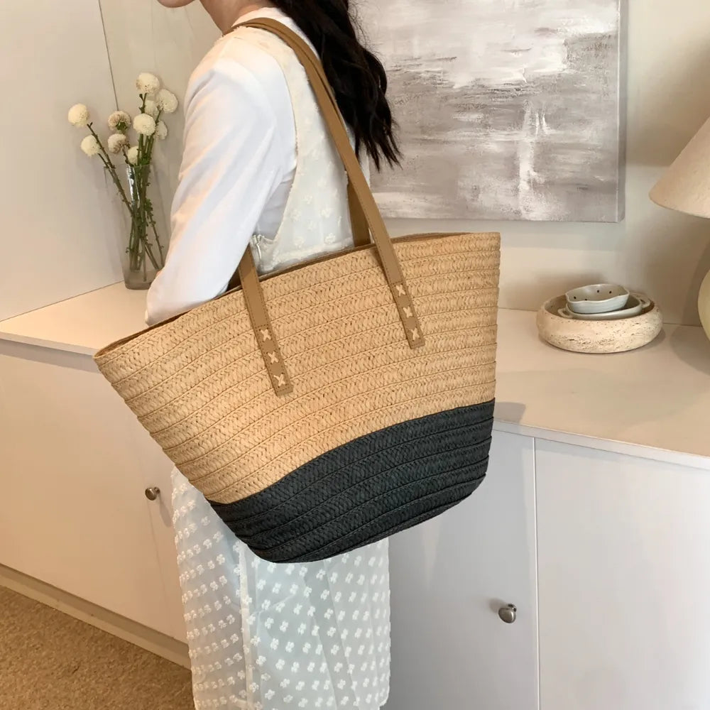Contrast Straw Braided Handbag - Premium Tote Bag from Trendsi - Just $32.99! Shop now at Handbags Specialist Headquarter