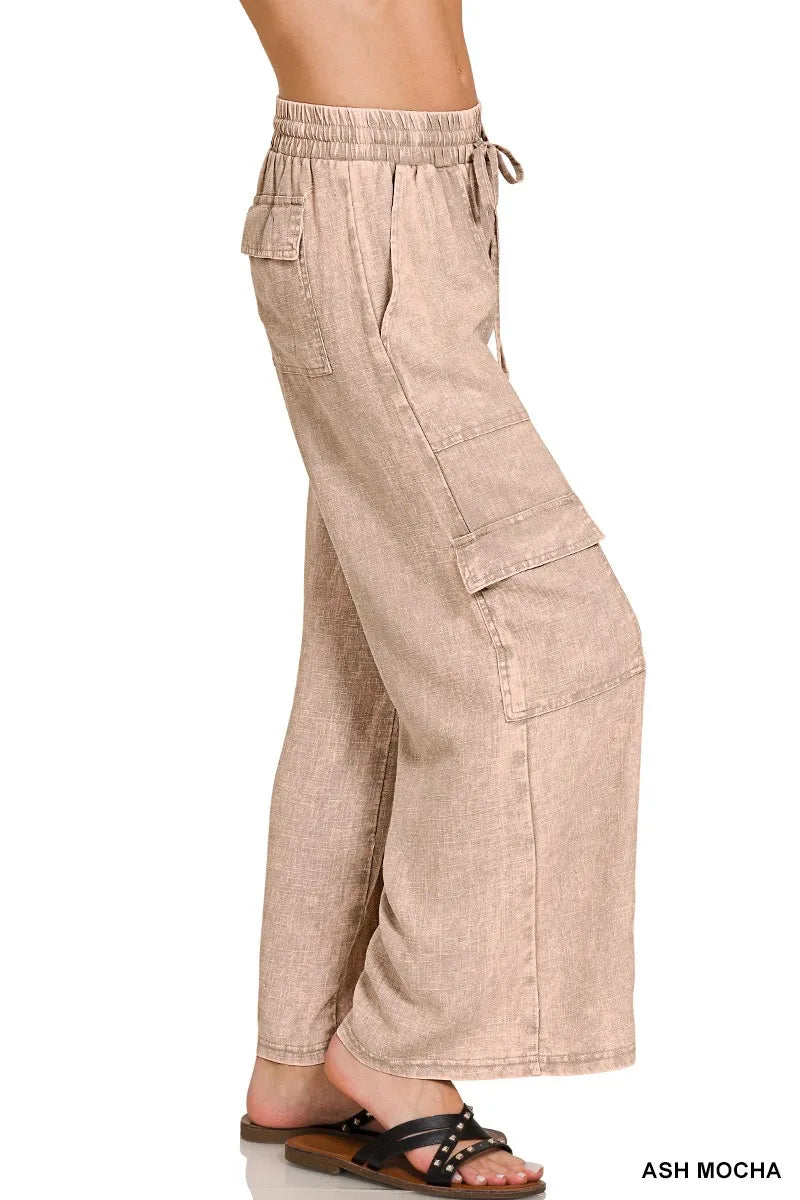 Zenana Washed Linen Elastic Band Waist Cargo Pants - Premium Women Pants from Trendsi - Just $42.99! Shop now at Handbags Specialist Headquarter