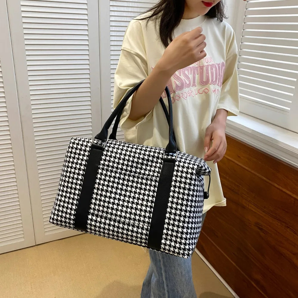 Houndstooth Canvas Travel Bag - Premium travel-bag from Trendsi - Just $44.99! Shop now at Handbags Specialist Headquarter