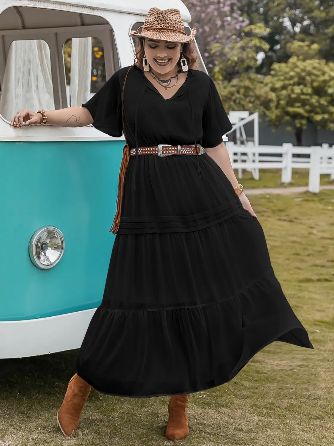 Plus Size Tie Neck Flutter Sleeve Dress - Premium Dresses from Trendsi - Just $41.99! Shop now at Handbags Specialist Headquarter