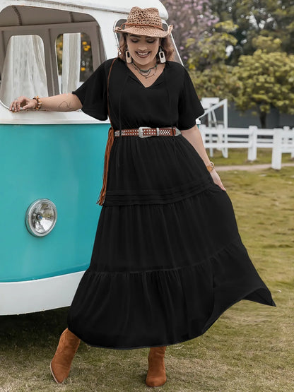 Plus Size Tie Neck Flutter Sleeve Dress - Premium Dresses from Trendsi - Just $41.99! Shop now at Handbags Specialist Headquarter