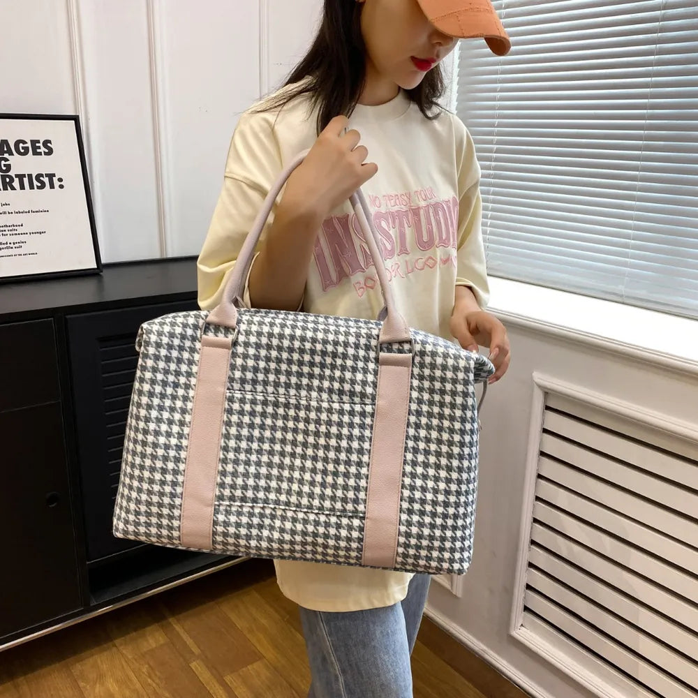 Houndstooth Canvas Travel Bag - Premium travel-bag from Trendsi - Just $44.99! Shop now at Handbags Specialist Headquarter