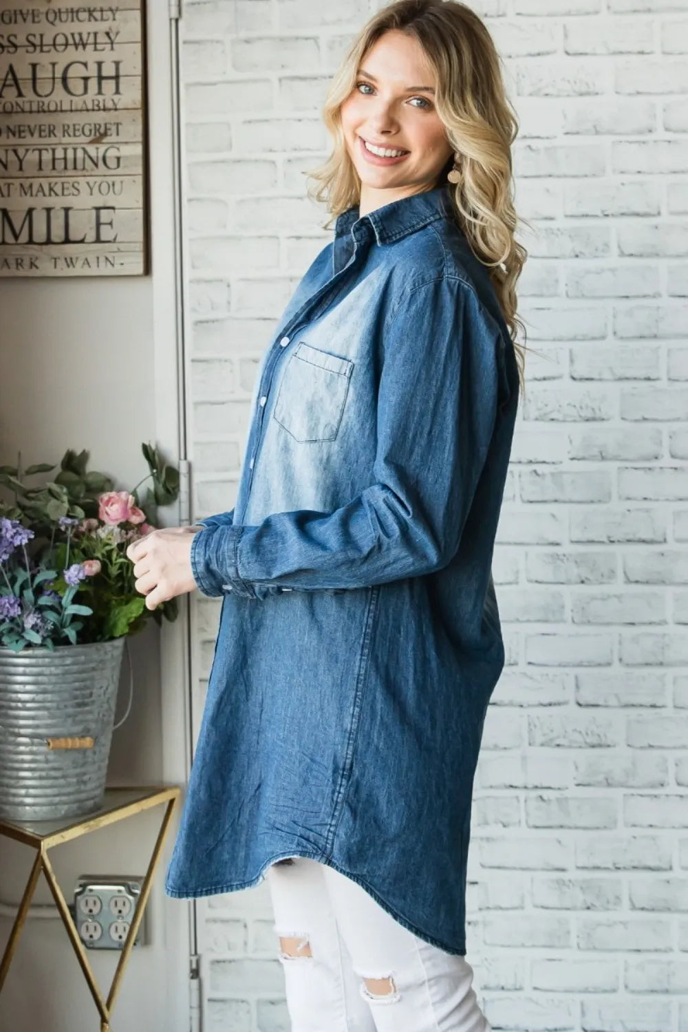 Veveret Pocketed Button Up Washed Denim Shirt - Premium Women / Jeans & Denim from Trendsi - Just $60.40! Shop now at Handbags Specialist Headquarter