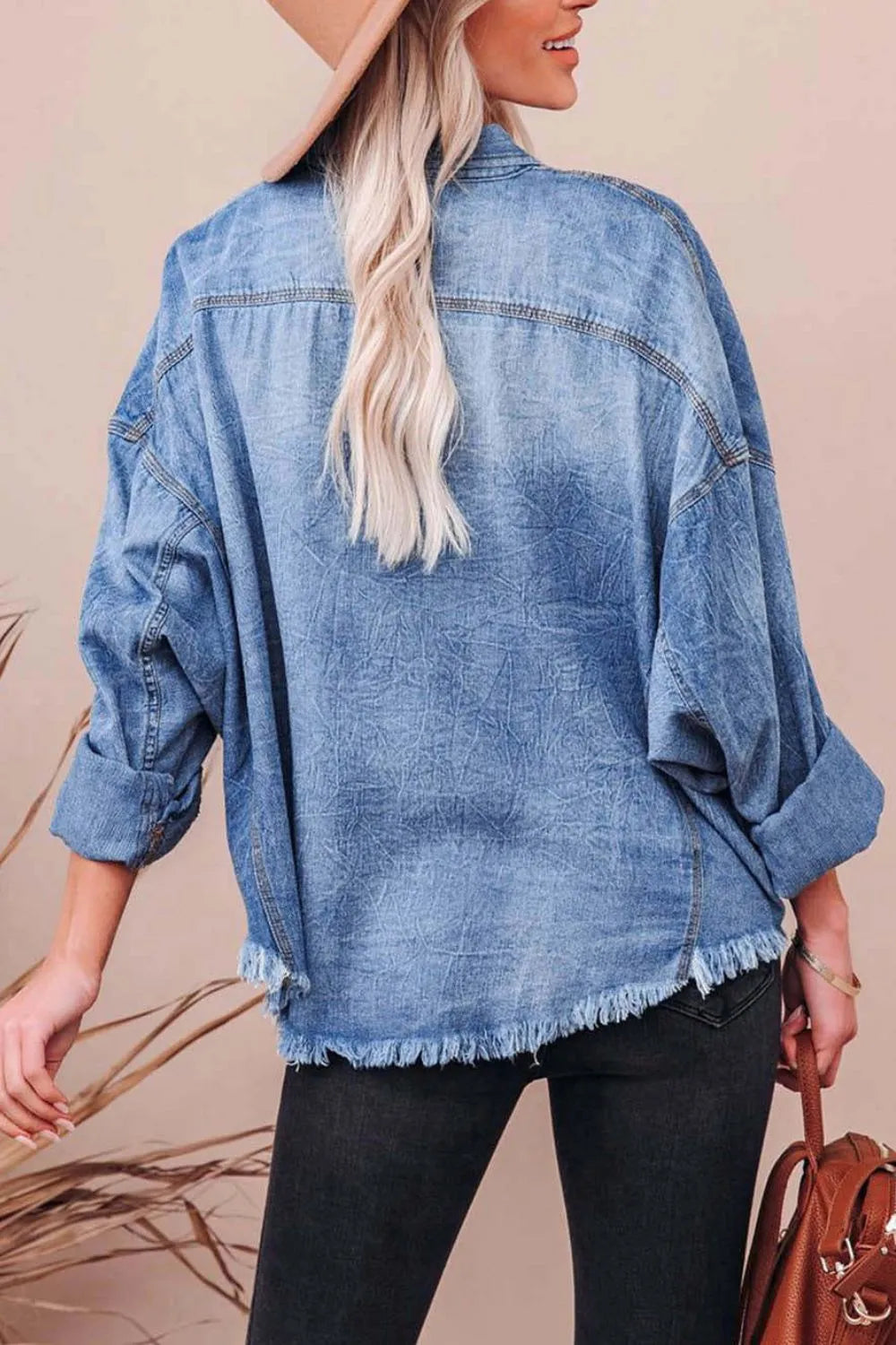 Collared Neck Raw Hem Long Sleeve Denim Shirt - Premium Women / Jeans & Denim from Trendsi - Just $38.26! Shop now at Handbags Specialist Headquarter