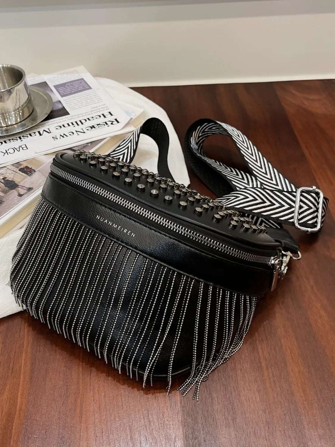 Fringe Studded PU Leather Crossbody Bag - Premium Crossbody Bag from Trendsi - Just $35.99! Shop now at Handbags Specialist Headquarter