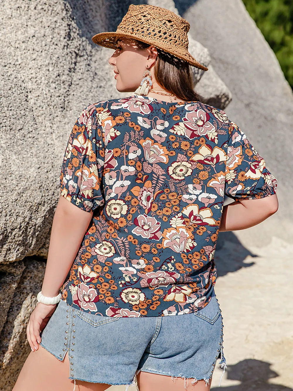 Plus Size Printed Notched Half Sleeve Blouse - Premium Plus Size Shirts from Trendsi - Just $23.26! Shop now at Handbags Specialist Headquarter
