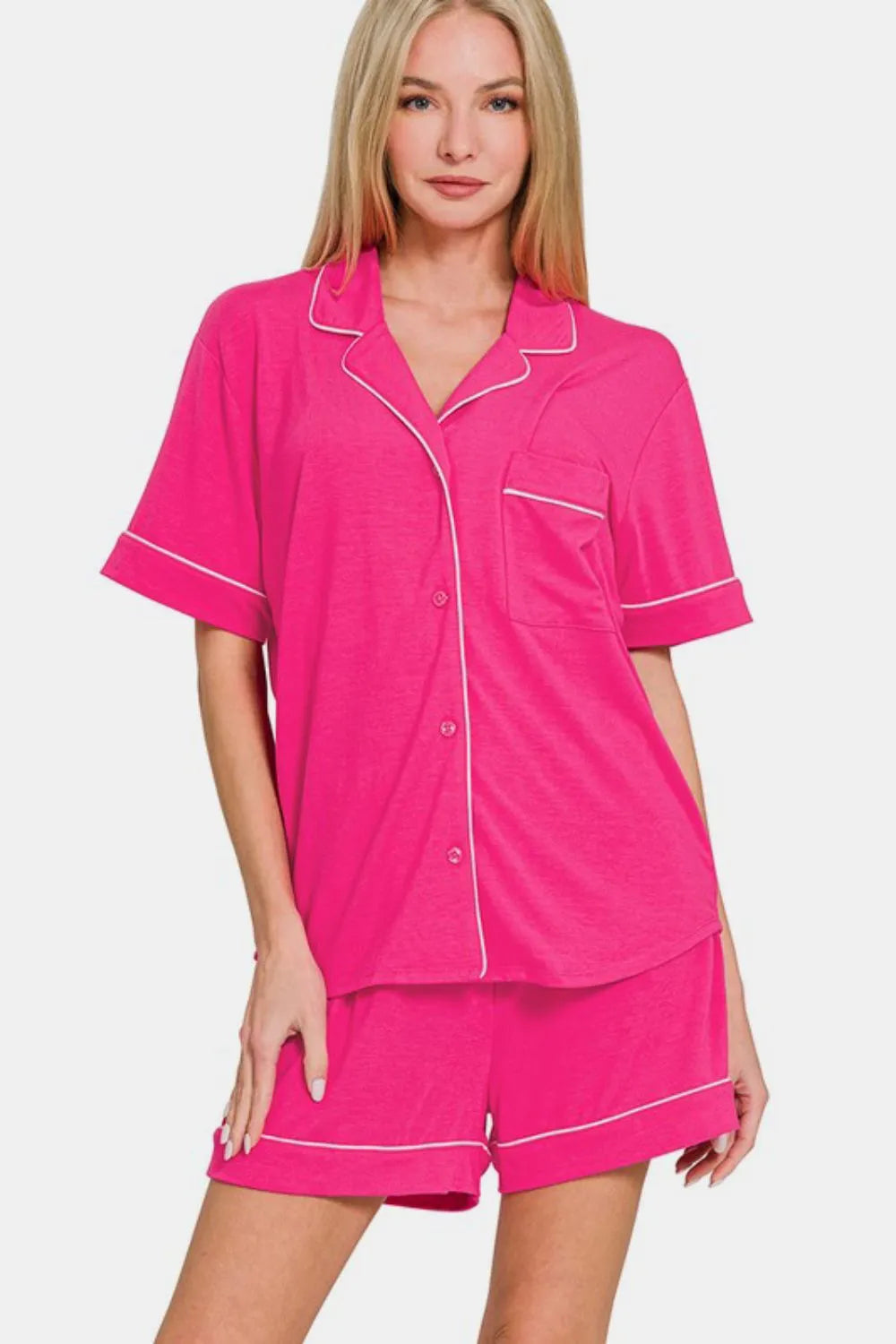 Zenana Button Down Short Sleeve Top and Shorts Lounge Set - Premium Sleepwear from Trendsi - Just $40.99! Shop now at Handbags Specialist Headquarter