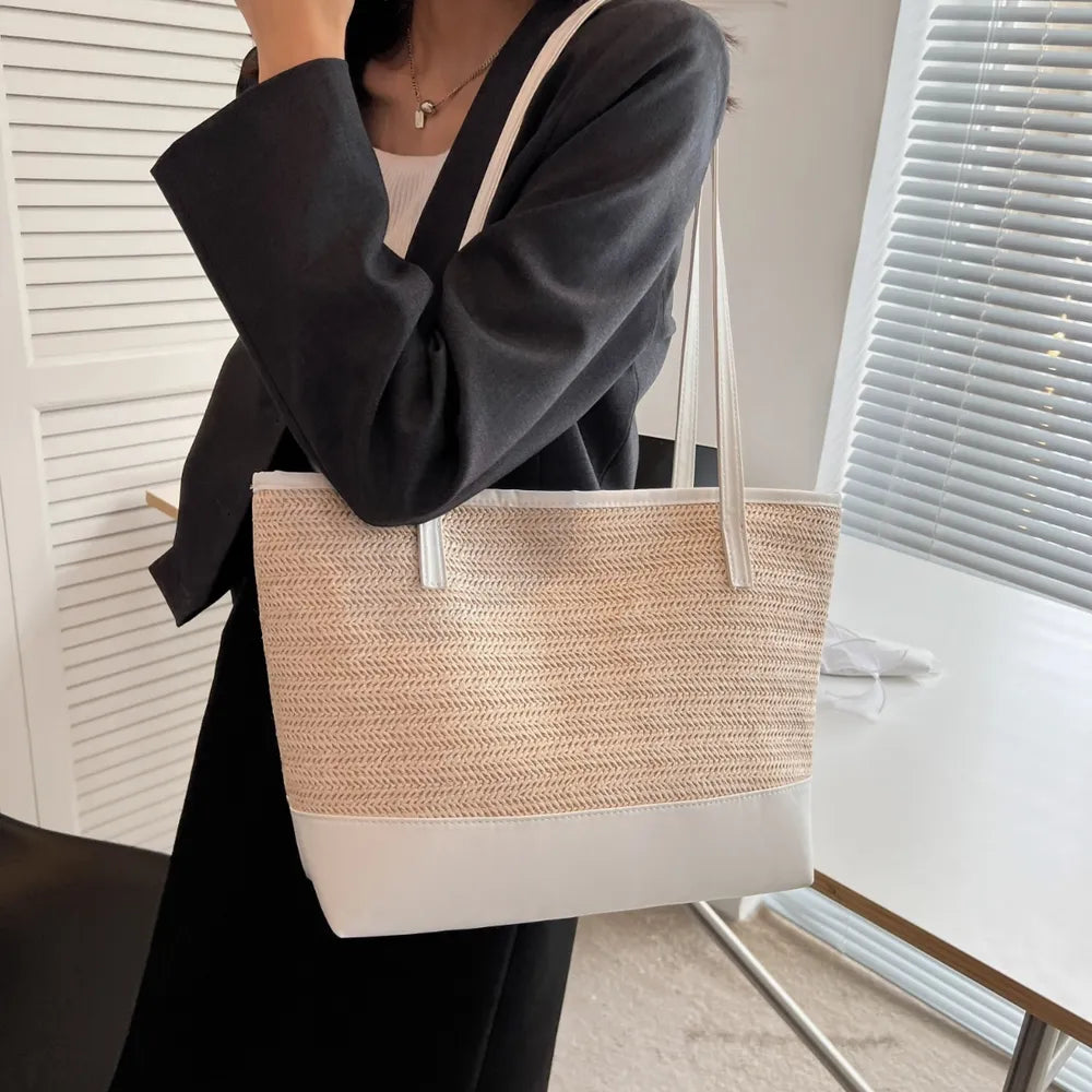Straw Weave Leather Strap Tote Bag - Premium Tote Bag from Trendsi - Just $39.99! Shop now at Handbags Specialist Headquarter