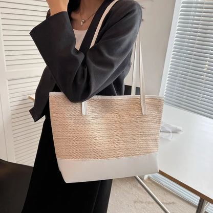 Straw Weave Leather Strap Tote Bag - Premium Tote Bag from Trendsi - Just $39.99! Shop now at Handbags Specialist Headquarter